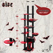 Black and red cat tree with measurements on a textured background