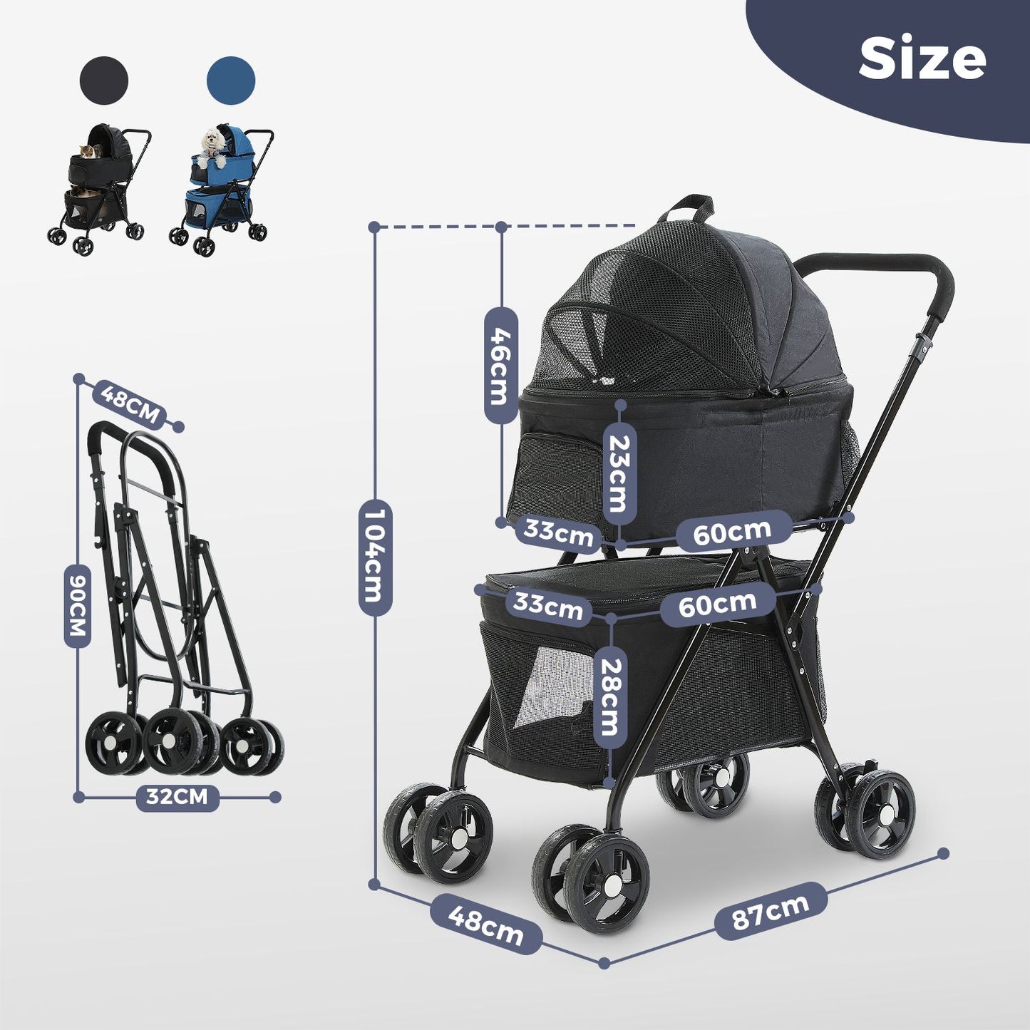 Black double capacity decker with removable carriers pet stroller with dimensions on a white background