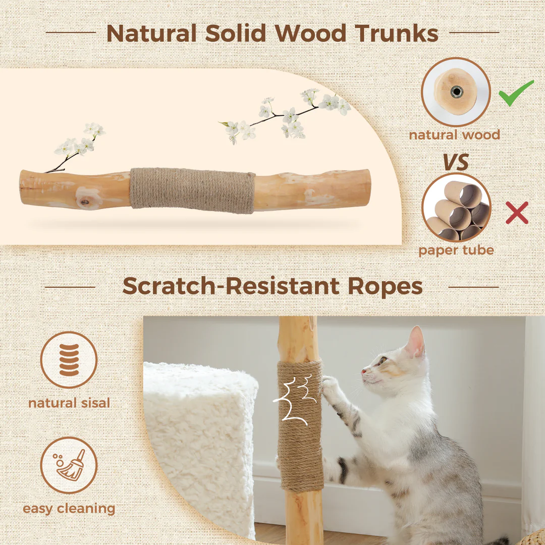 Cat scratching post with natural wood and sisal rope, featuring text on materials and benefits.