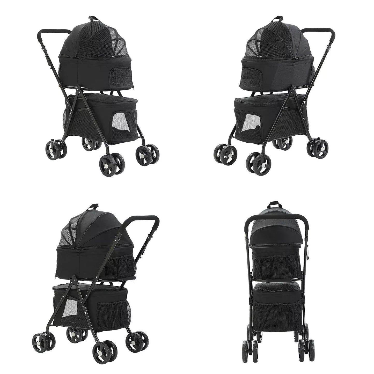 Black pet stroller shown from multiple angles on a white background