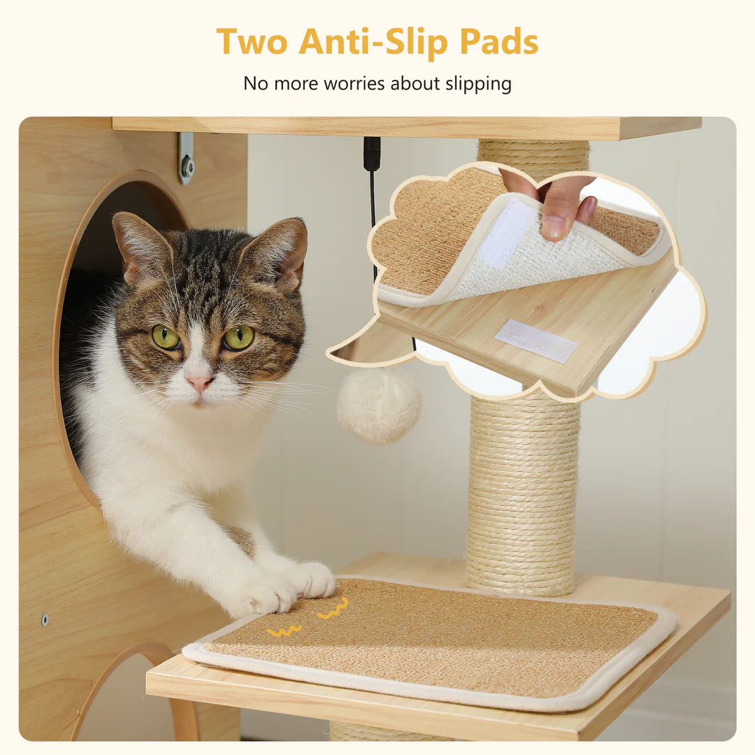 Cat on a wooden scratching post with two anti-slip pads and a hand holding one pad. Catopia Co. Canada cat tree.