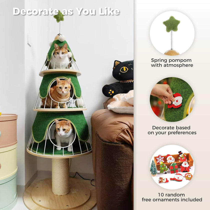 Cat tree with decorative elements and free ornaments included, suitable for pets.