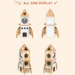 Wooden cat tree designed like a rocket with multiple sides on a beige background