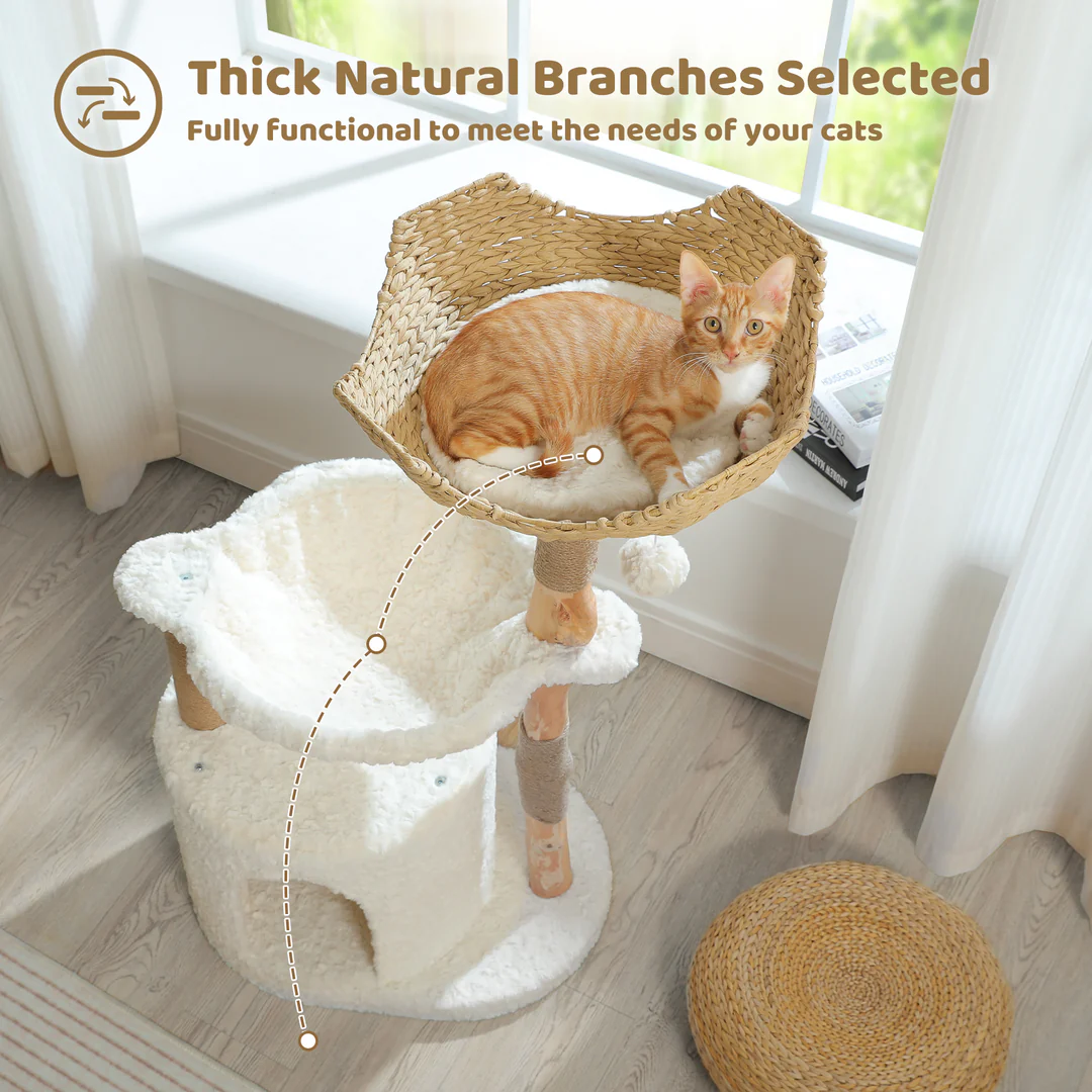 Cat sitting in a woven basket on a cat tree with text about thick natural branches.