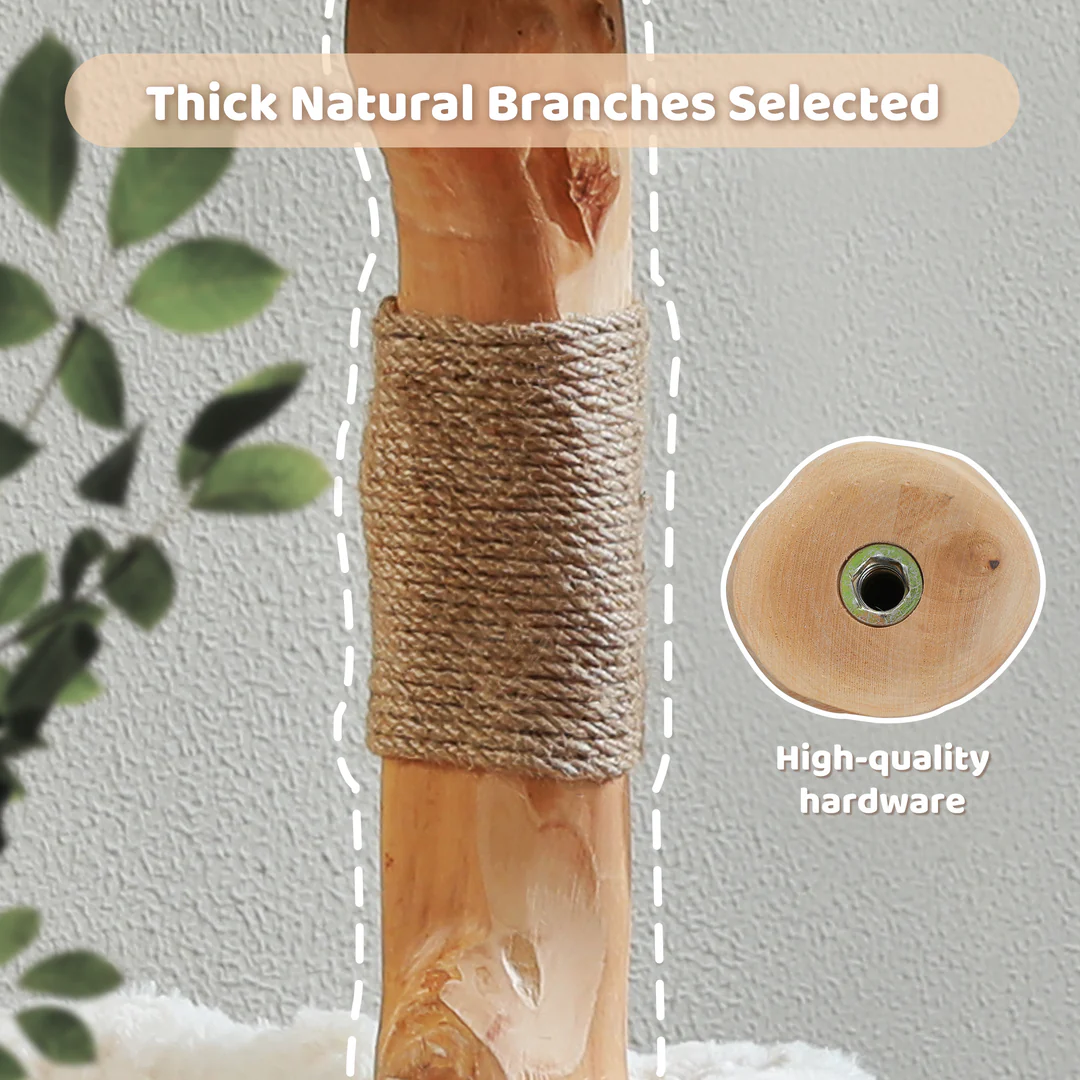 Wooden branch with jute wrap and close-up of hardware on a light gray background