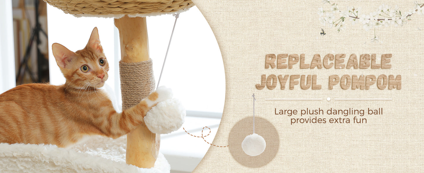 Cat playing with a plush pom-pom attached to a cat tree, with text describing the product.