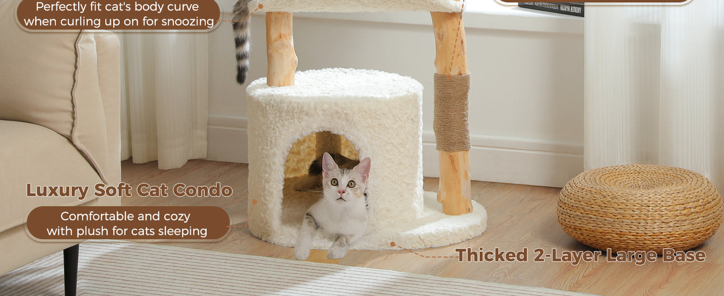 Cat condo with plush interior and wooden structure on a light wood floor.