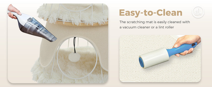 Cat scratching mat with cleaning tools and text indicating ease of cleaning.