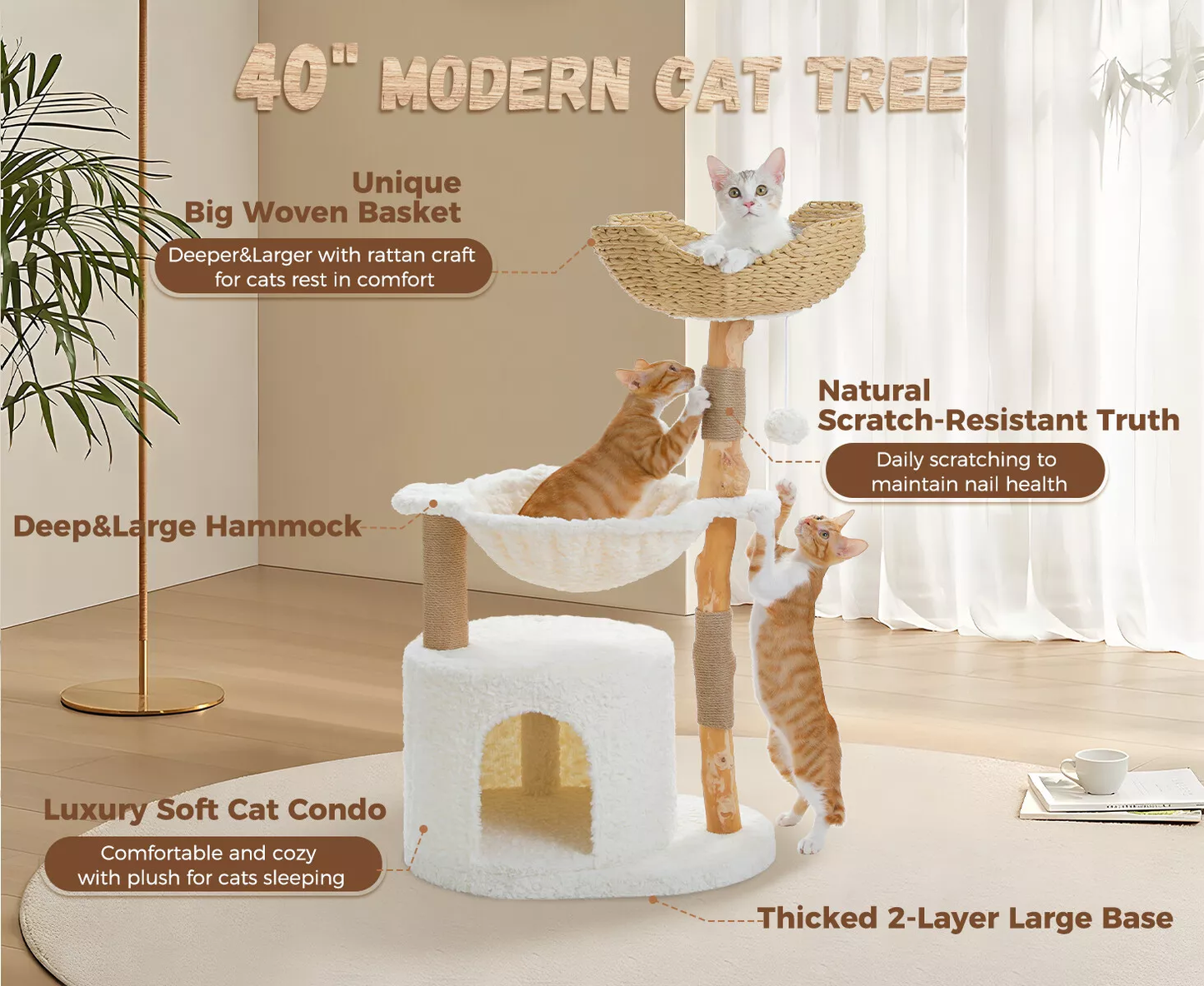 Catopia Co. Canada cat tree. 40-inch modern cat tree with cats on it in a warm modern home setting