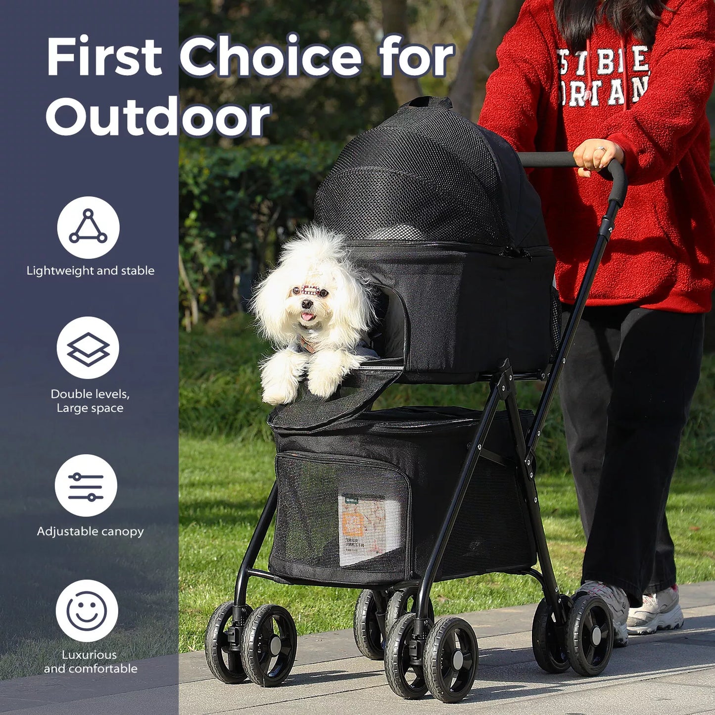 Catopia Co. Canada Pet stroller with a dog inside, being pushed by a person in a red sweater, with features listed on the left.