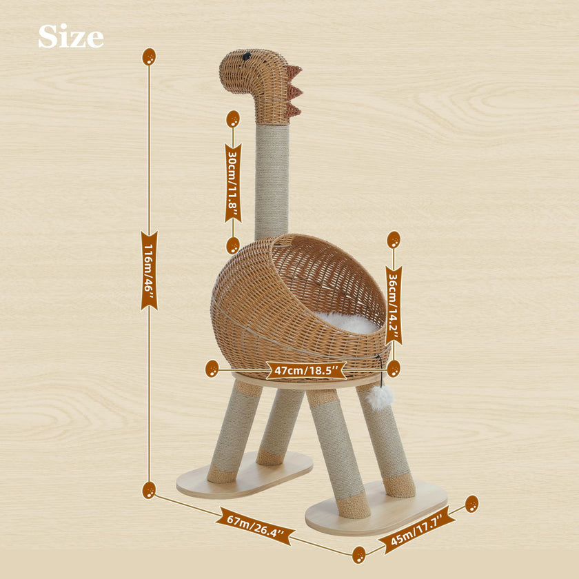 Dinosaur-shaped cat tree with measurements on a beige background