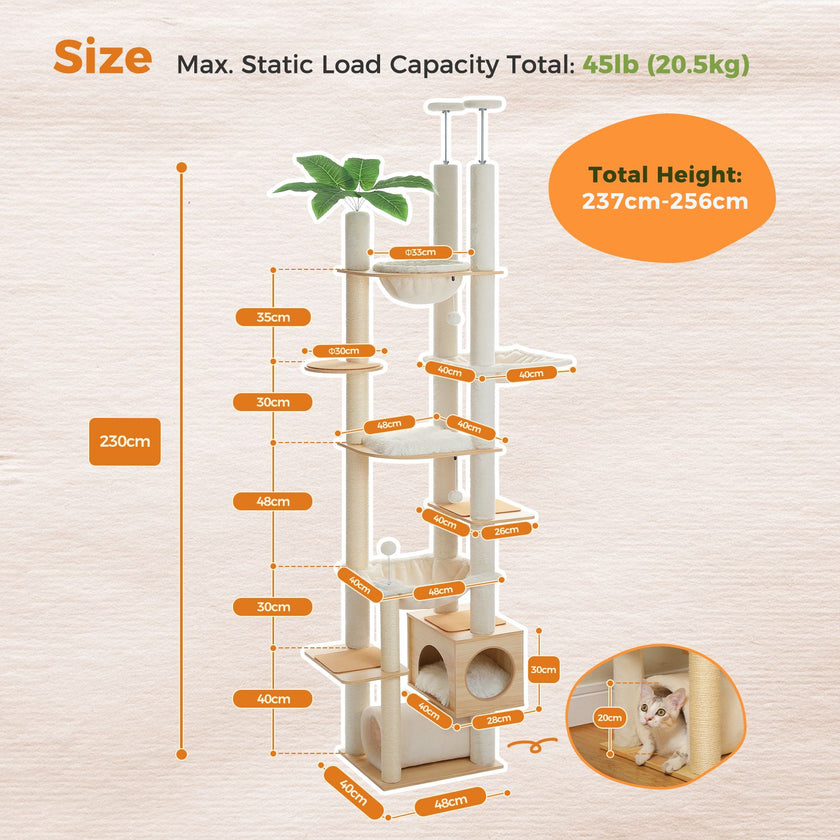 Measurement chart of a cat tree with dimensions and capacity details on a light background