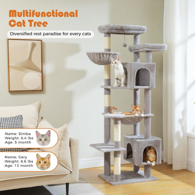 Modern grey cat tower by Catopia Co., showing Simba and Gery enjoying spacious levels and condos. Designed for Canadian homes. Canadian local business, ships only within Canada. Keywords: cat trees and towers, contemporary cat tree, cute cat furniture.
