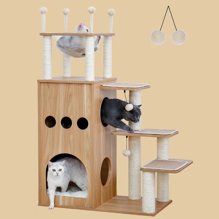 Catopia Co. Wooden Large sky castle themed Cat tree with multiple levels and a hammock on a beige background