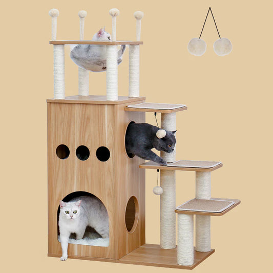 Catopia Co. Wooden Large sky castle themed Cat tree with multiple levels and a hammock on a beige background