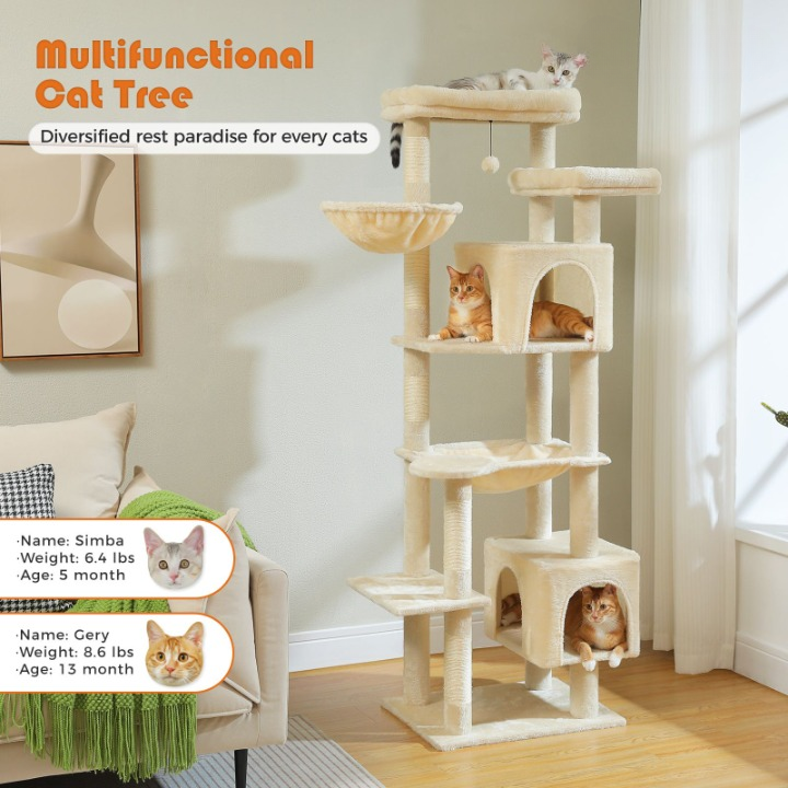 Multifunctional cat tree with cats on different levels in a room setting.