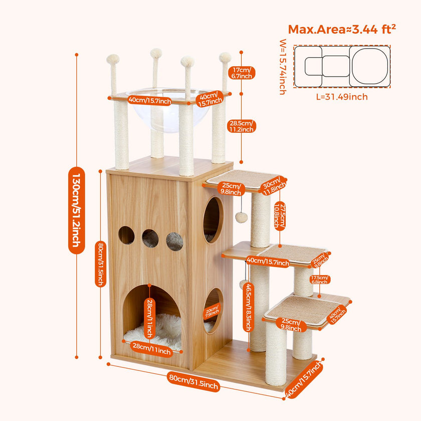 Wooden cat tree with dimensions and measurements on a white background
