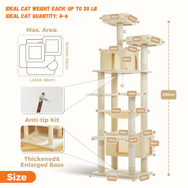 205cm Tall Heavy duty 8-tier Plush Cat Tree Condo