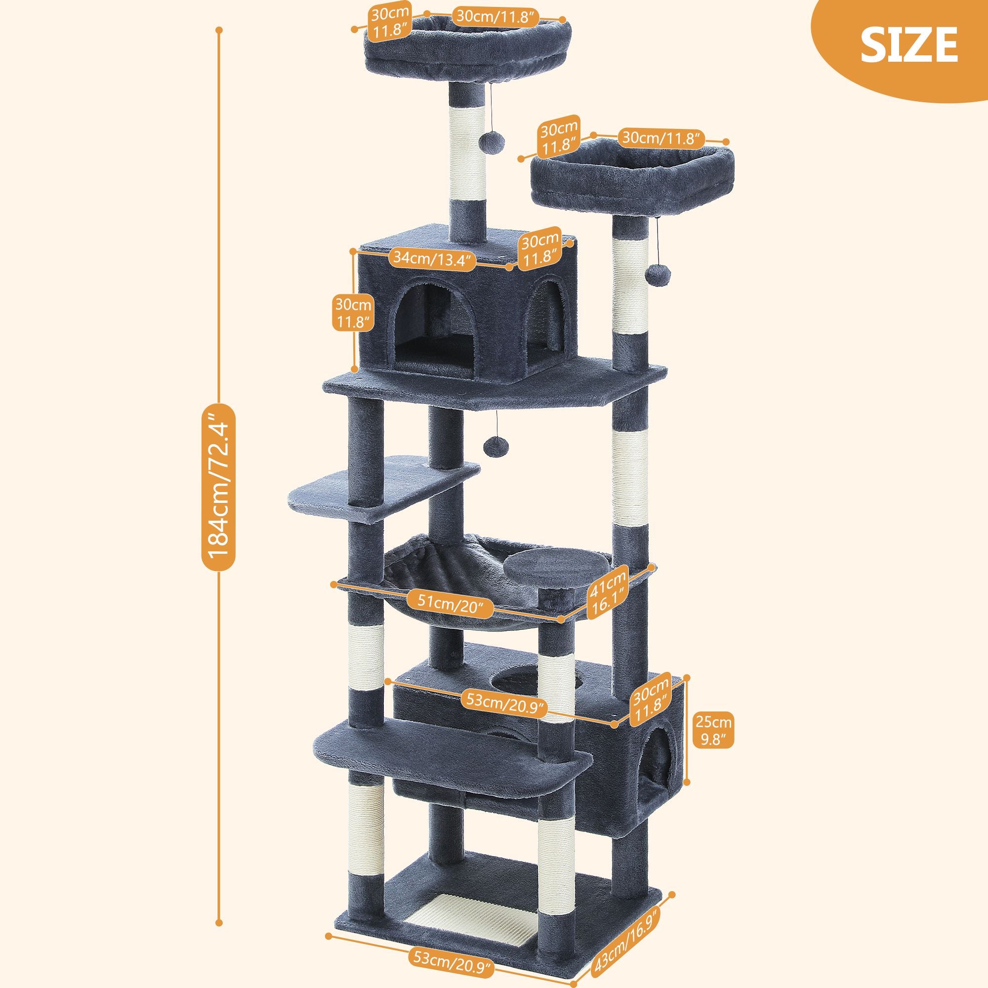 205cm Tall Heavy duty 8-tier Plush Cat Tree Condo