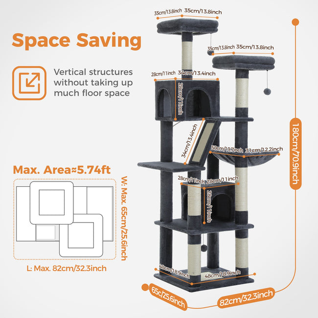 This tall multi-level cat tower by Catopia Co. stands 70.9