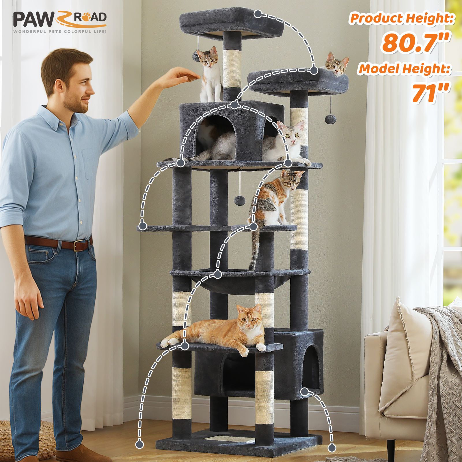 205cm Tall Heavy duty 8-tier Plush Cat Tree Condo