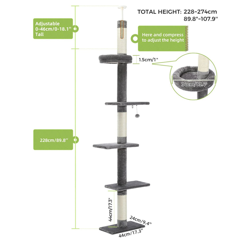 Cat tree with adjustable height features and measurements on a white background