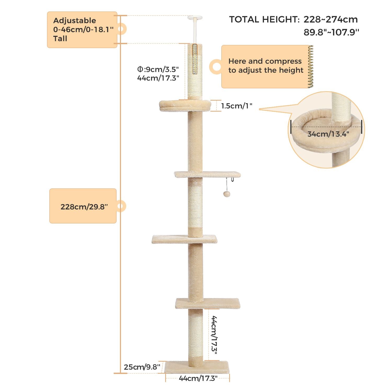 Catopia Co. Interactive Adjustable 5-Tier Floor to Ceiling Cat Tower