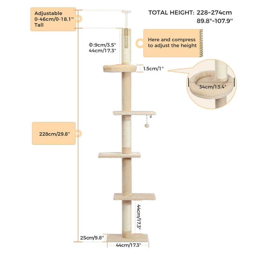 Measurement chart of a cat tree with dimensions labeled