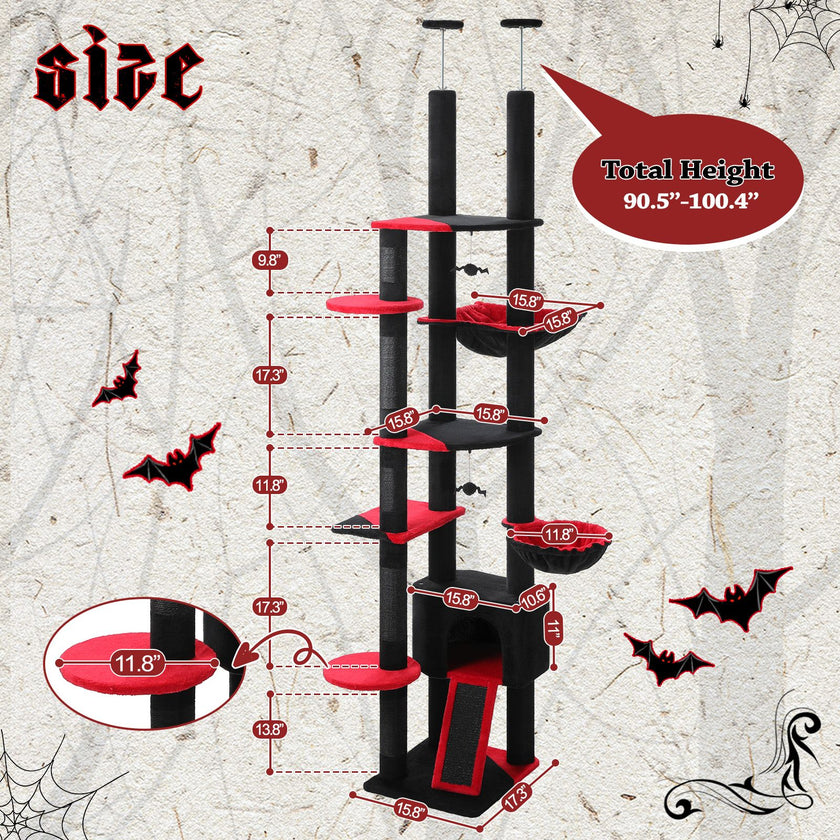 Black and red cat tree with measurements on a textured background