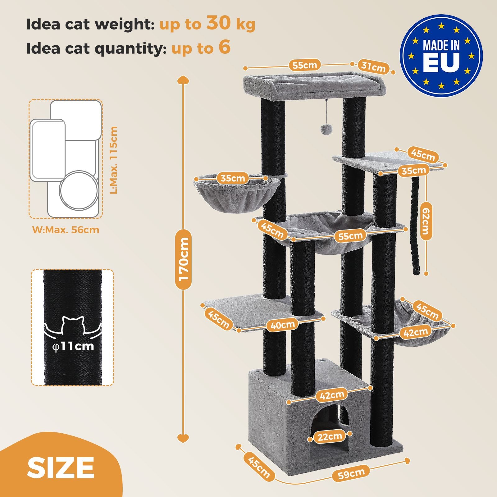 Cat tree with dimensions and features on a beige background. Catopia Co. Canada cat trees Made in Europe cat tree 