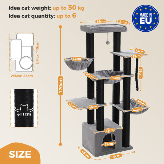 Cat tree with dimensions and features on a beige background. Catopia Co. Canada cat trees Made in Europe cat tree 