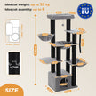 Cat tree with dimensions and features on a beige background. Catopia Co. Canada cat trees Made in Europe cat tree 