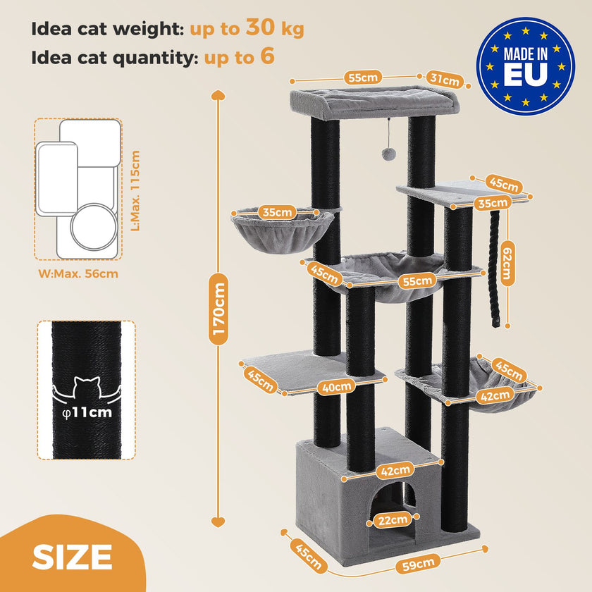Cat tree with dimensions and features on a beige background