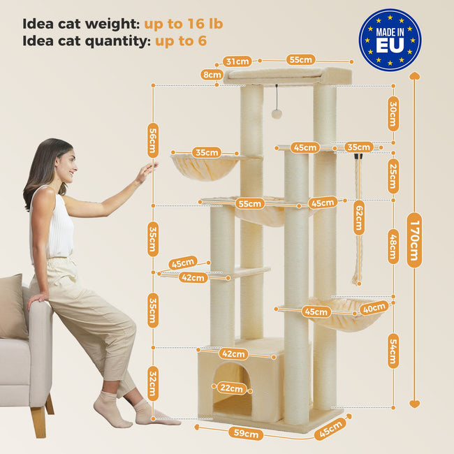 Cat tree with dimensions and a woman interacting with it, on a beige background.  Catopia Co. Canada Extra large cat tree with 13 scratching posts, ideal for large breeds such as Maine Coons. Cat tree made in Poland Europe.
