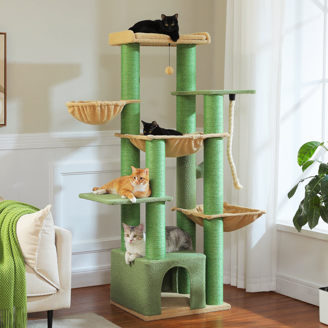 Tall Green Cat Tree Tower with Thick Sisal Posts & Multiple Hammocks – Modern Cat Furniture Canada | Catopia Co.