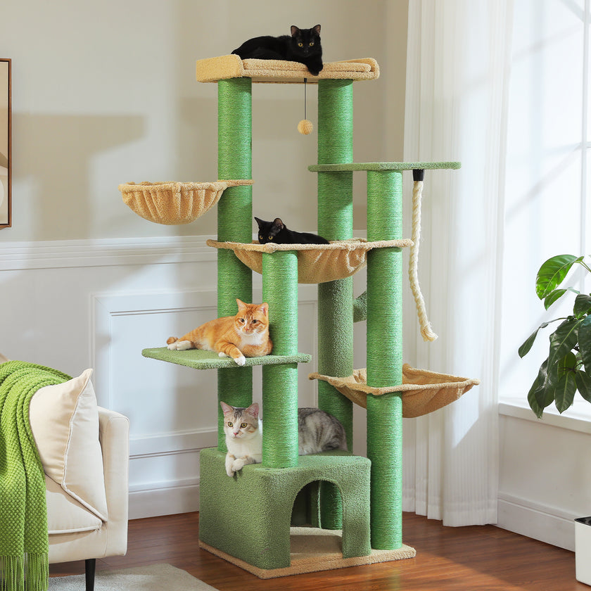 Tall Green Cat Tree Tower with Thick Sisal Posts & Multiple Hammocks – Modern Cat Furniture Canada | Catopia Co.