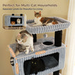 Large grey cat condo and top perch on a black multi-level cat tree for multi-cat households