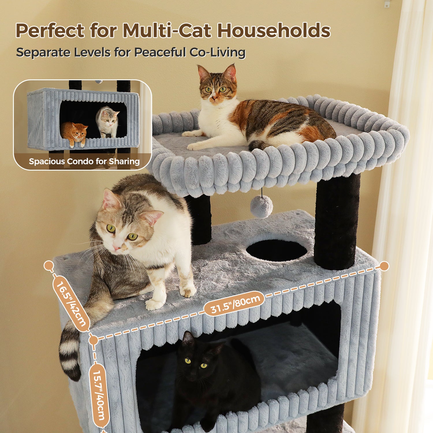 Large grey cat condo and top perch on a black multi-level cat tree for multi-cat households