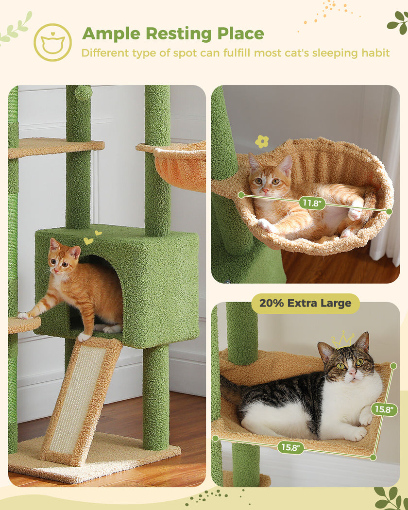 Cat tree with various cat furniture pieces and cats on a wooden floor.