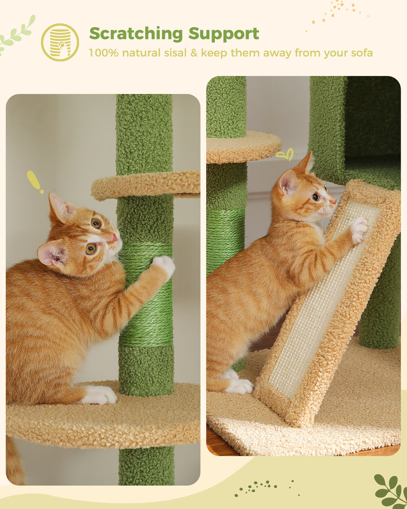 Two cats using a green and beige cat tree with scratching support.