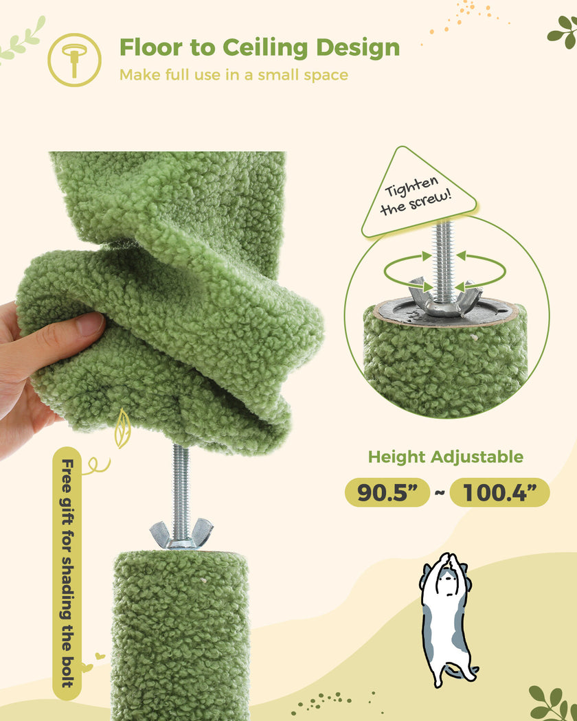 Green cat tree with adjustable height feature and floor to ceiling design on a light background.