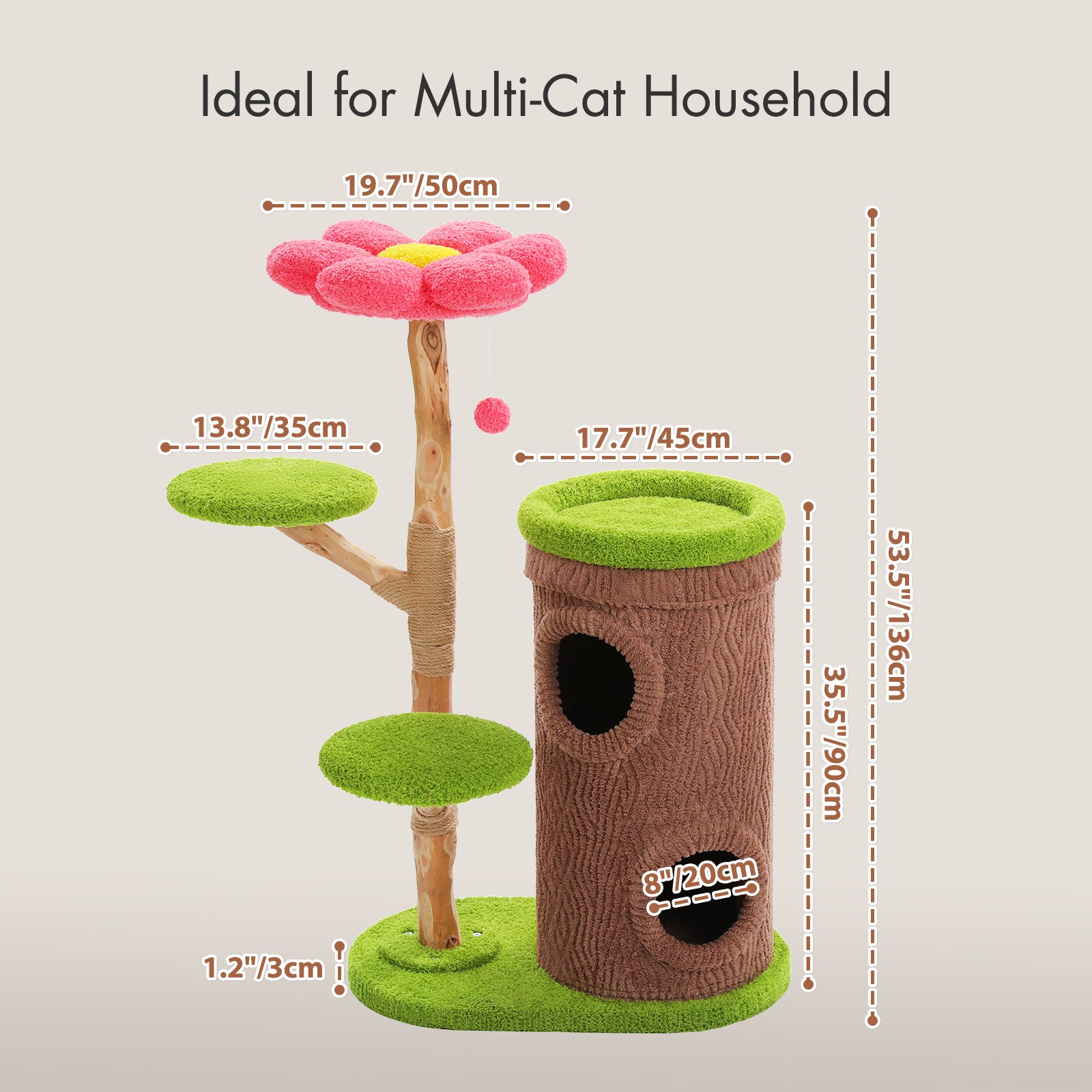 136 cm flower cat tree with 80 cm base, 90 cm tall condo, 50 cm flower perch, side platforms, and sisal scratching post