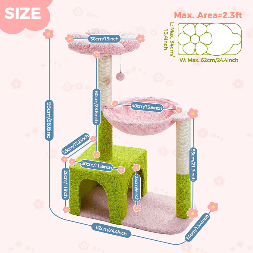 Measurement chart of a green and pink cat tree with dimensions labeled.