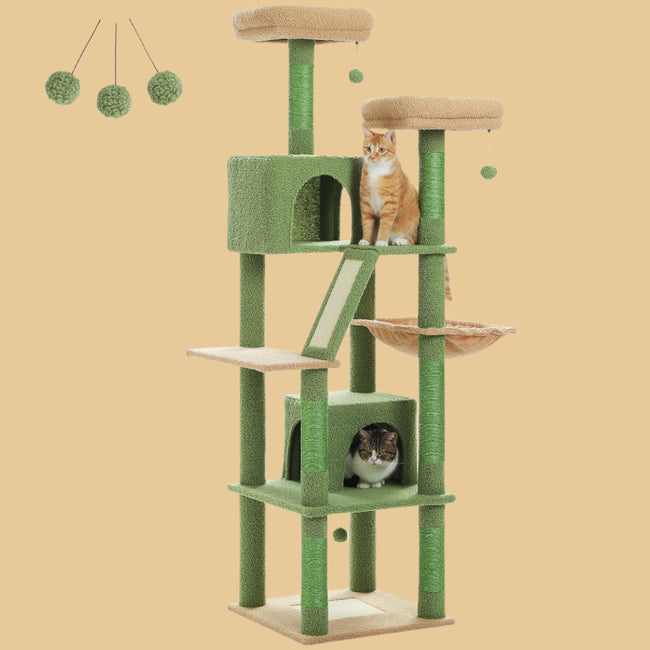 Full view of Catopia Co.’s aesthetic green cat tree resembling a woodland tower, with dual top beds, playful hanging pom-poms, and sisal-covered scratch posts. A unique modern cat tree Canada cat parents love—available only from this Canadian-based brand.