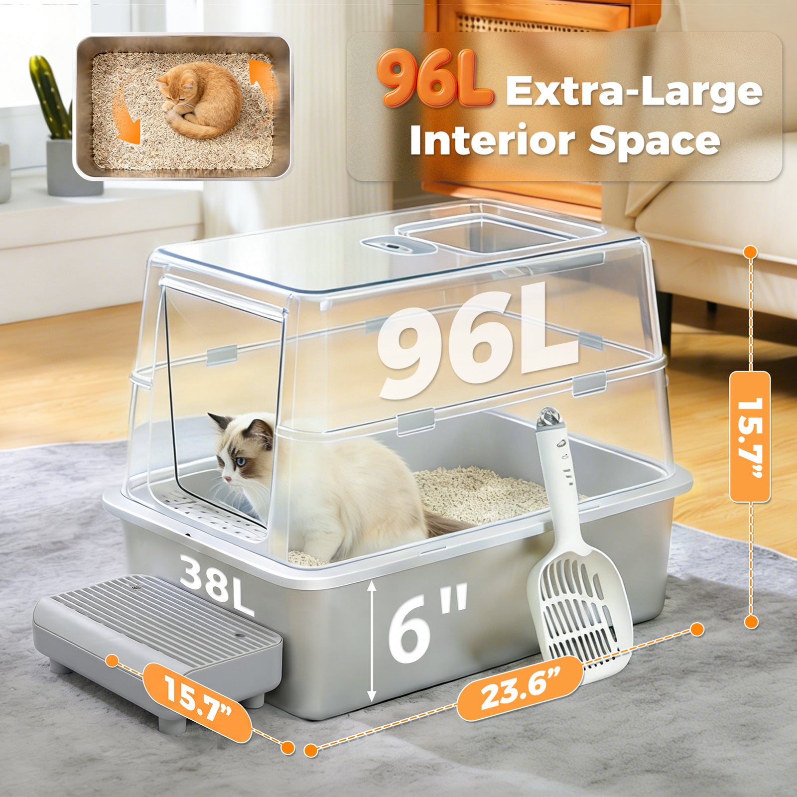Dimensions of extra-large enclosed cat litter box with 96 L interior and stainless steel litter tray