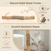 Cat scratching post with natural wood and sisal rope, featuring text on materials and benefits.