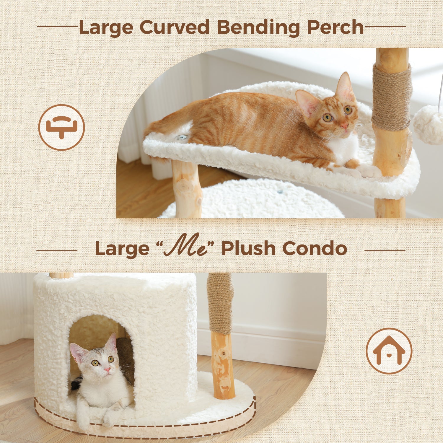 Natural Wood & Rattan Cat Tree Tower with Plush Condo and Curved Perch – Modern Cat Furniture Canada | Catopia Co.