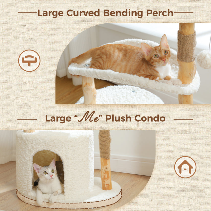 Natural Wood & Rattan Cat Tree Tower with Plush Condo and Curved Perch – Modern Cat Furniture Canada | Catopia Co.