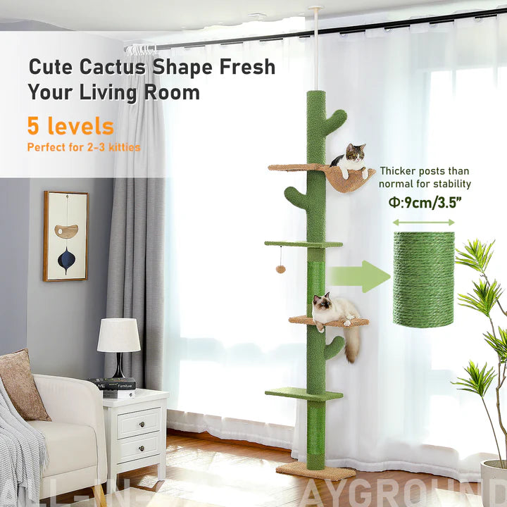 Cat tree with cactus design in a living room setting