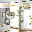 Cat tree with multiple levels in a room setting, featuring text on design and assembly.